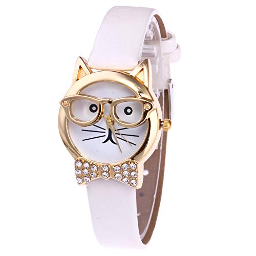 SANWOOD Mode Schöne Katze Brille Kunstleder Band Analog Quarz Armbanduhr, Luxus Strass Bowknot Gold Rand Armbanduhr Für Frauen Mädchen Weiß