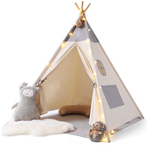 Tipi Zelt für Kinder, Tippi Kinderzelt aus Baumwolle + Lichtkette + Matte, Kinder Zelt, Kuschelecke Kinderzimmer Spielzelt Kinder
