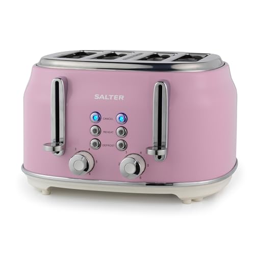 SALTER Retro Toaster 4 Scheiben – Breite Schlitze, 6 Bräunungsgrad, Auftauen, Aufwärmen, Abbrechen Funktionen, Herausnehmbare Krümelschublade, Selbstzentrierung, 1630 W, Pink