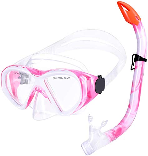 Schnorchelset Kinder Schnorcheln Taucherbrille mit 180° Panorama Sichtfeld Tauchmaske Schnorchelmaske Tauchen Set wasserdichte Schnorchelbrillen für Junge Mädchen (Rosa)