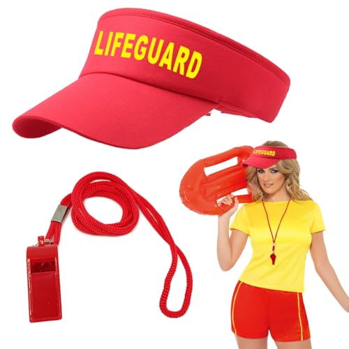 EUPSIIU 2 Stück Lifeguard Set Fasching Kostüm Karneval Verkleidung Rettungschwimmer, Rot Lifeguard Visor Cap Herren Damen Kostüm Mit Kunststoff-Sportpfeifen für Rettungsschwimmer Trainer