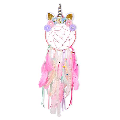 Basumee Kinder Traumfänger Einhorn Dreamcatcher Handgemachter Einhornform Traumfänger fur Kinderzimmer Deko 20x72 cm aus Metallring und Feder…
