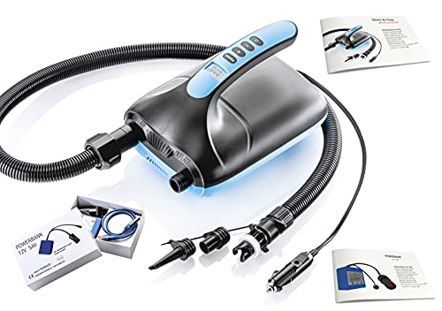 imtech Elektrische SUP-Pumpe mit 3 Adapter, Akku-Powerbank mit Adapterbuchse und Ladegerät für Stand Up Paddle Board Schlauchboot Luftmatratze I 12V - 5A I SUP Kompressor mit Auto-Off-Funktion