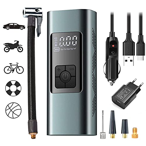 Tragbarer Luftkompressor Mini Auto Reifenpumpe 12V 6000mAh Wiederaufladbarer Elektrischer Kompressor Fahrradpumpe 150PSI Luftpumpe mit Manometer für Auto Fahrrad Motorrad Bälle, AutoOff, USB-Powerbank
