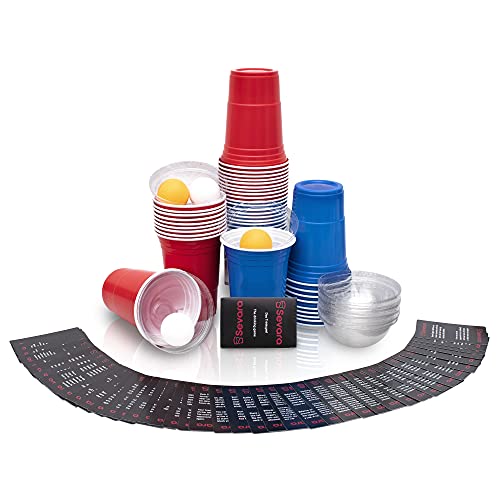 Sevara © Bierpongset mit Kartenspiel und [20x] clean cups - Party Set aus [20x] hochwertigen Trinkbechern / 52 verschiedenen Gesellschaftsspielen auf Deutsch und Englisch / [4x] Pingpongbälle