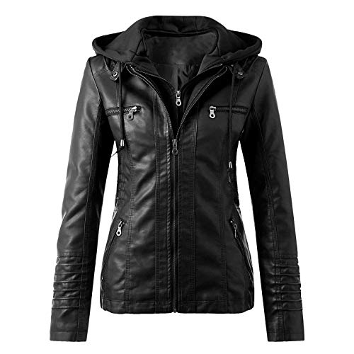 Lederjacke Damen Kunstleder Jacke Damen Lederjacke mit Kapuzen Große Größen Herbst Winter Langarm Motorrad Jacke Winterjacke Slim Fit Hoodie Mantel Streetwear mit Reißverschluss Tasche, L, Schwarz