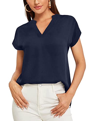 Parabler Damen V-Ausschnitt Hemdbluse Chiffon Blusen Frauen T-Shirt Tops Sommer Einfarbig Kurzarm Casual Tunika Loose fit Navy blau L