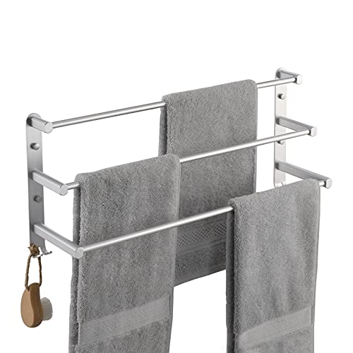 KES Handtuchhalter Bad 3 Stangen mit Haken Handtuchstange Badetuchhalter Handtuch Halter Handtuchregal Badezimmer 60CM Aluminium Wandmontage Silber, BTH400S60