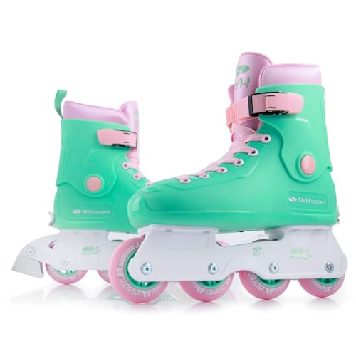 SMJ Sport Damen Mädchen Inliner Inlineskates Größenverstellbar | Retro Design | ABEC7 Kugellager | Einstellbare Skates für Kinder und Erwachsene | Mint/Rosa (L (39-42))