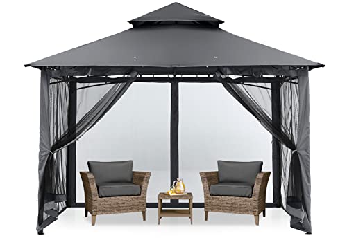 MasterCanopy 2,7 x 2,7 m Doppeldach Gartenlaube Pavillon mit 4 Netzwänden für Garten, Hof, Dunkelgrau