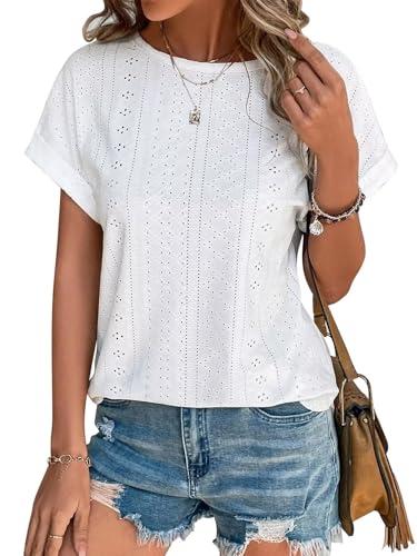 Cuptacc Tshirt Damen Bluse Damen Sommer Elegant Lochstickerei Top Kurzarm Oberteil Lässige Tunika Weiß XXL 50-52