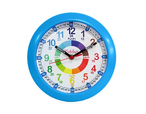 Kiddus Wanduhr für Kinder, Jungen und Mädchen. Analoger Zeitlehrer mit Zeitlernübungen. Gut lesbar, um ganz leicht, Ablesen der Uhrzeit Lernen. DEUTSCH BLAU