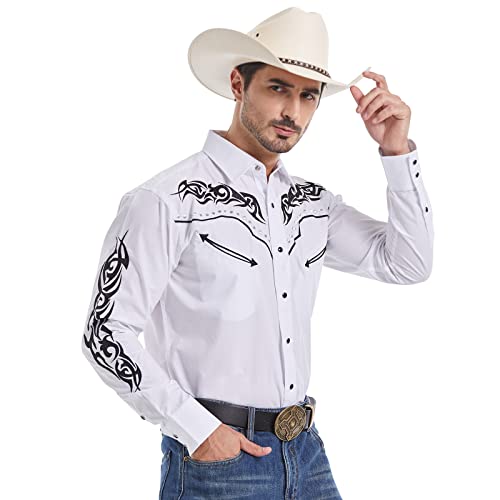 EL PIONERO Herren Western Cowboy Hemd Bestickt Hemd Langarm Casual Snap Button Shirt, Weiß, X-Groß