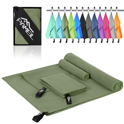 Pameil Mikrofaser Handtuch 3er Set (160x80cm Groß Badetuch +2 Stück 80x40cm Klein Handtuch), Reisehandtuch Schnelltrocknend Microfaser Handtücher für Fitness Sauna (Armeegrün)