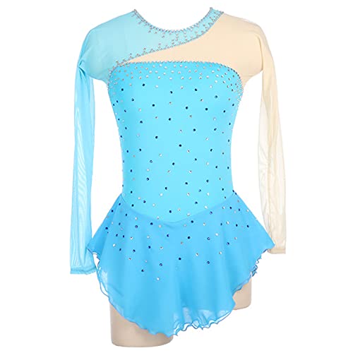 Mädchen Eiskunstlauf Kleid, Damen Lyrical Langarm Performance Kostüm Gymnastik Sport Tanz Trikot Tutu Rock Elegantes Rollschuh Tanzen Outfit,Blau,S