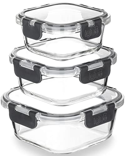 Igluu Meal Prep - Stapelbare quadratische Behälter aus Glas (3 Stück) – BPA-freie auslaufsicherer, luftdichter Klappdeckel. Mikrowellen-, ofen- und spülmaschinengeeignet (800 ml, 520 ml, 320 ml)