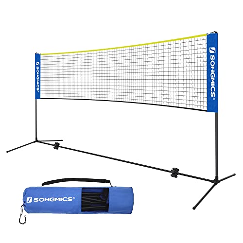 SONGMICS 5 m Badmintonnetz, Tennisnetz, höhenverstellbar, Set bestehend aus Netz, stabilem Metallgestell und Transporttasche, blau-gelb SYQ500Q02