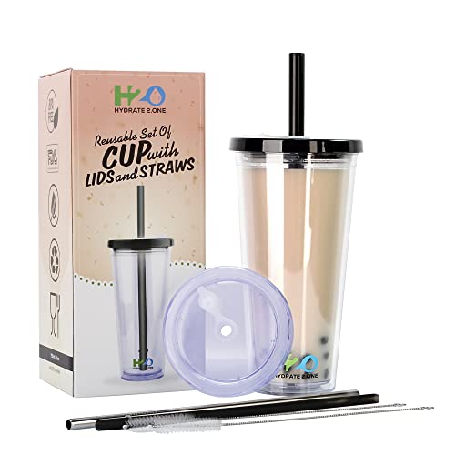 Bubble Tea Becher mit Strohhalm 2x Deckel - Trinkbecher Für Boba, Smoothie, Eiskaffee, Milchshake - 700ml Doppelwandig isoliert, BPA frei Plastikbecher Auslaufsicherer, Wiederverwendbar, Durchsichtig