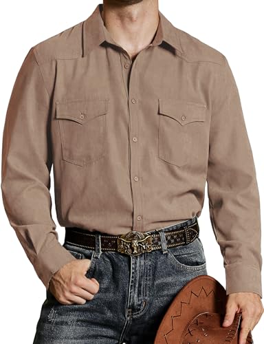 VATPAVE Herren Western Cowboy Hemden Knopfleiste Langarm Arbeits Hemden für Männer mit Zwei Taschen Groß Kaffee