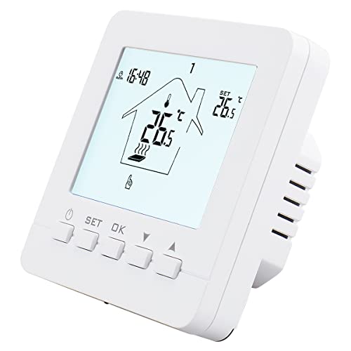 Wengart® Fußbodenheizung Thermostat mit Touchscreen für Wasser Fußbodenheizung Raumthermostat Digital WG02B05,Max3A AC90-240V Unterputz Montage, Weiße Hintergrundbeleuchtung