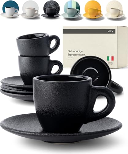 KIVY Espresso Tassen Set [4x 75ml] - Espressotassen mit Untertassen - Handgefertigte Espresso Tassen dickwandig - Italienische Espressotassen - Espresso Cups - Espressotassen Steingut Dickwandig