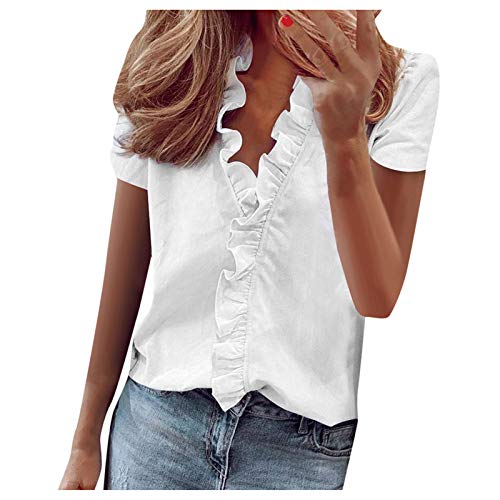 Kurzarm Bluse Damen Elegant Shirt Alphabet Drucken T-Shirt Sommer V-Ausschnitte Shirts Hemd mit Rüschen Basic Tshirt Slim Fit Hemdbluse Oberteile Top