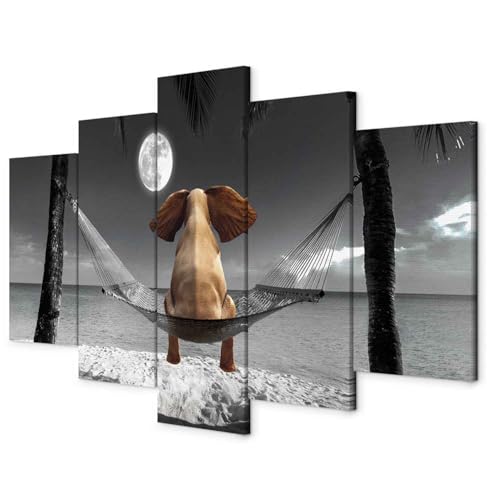 B&D XXL - Wandbilder XXL Elefant 200x100cm 5 tlg - Wand Deko Leinwand Bilder Groß Wanddeko Wohnzimmer Schlafzimmer Kunstdrucke - Tier Landschaft Meer Mond Nacht g-C-0279-b-m