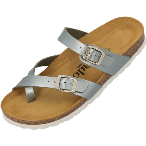 Palado Pantoletten Damen Cres Metallic - elegante Sandalen Made in Spain - bequeme Hausschuhe mit dämpfendem Kork-Fußbett - modische Sommerschuhe Olive UK8 - EU41