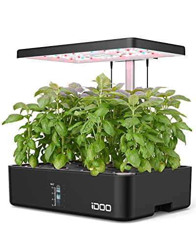 iDOO Hydroponisches Anzuchtsystem, 12Hülsen Smart Garden mit Automatisch Timer, 22W LED Pflanzenlampe und Leiser Lüfter, Höhenverstellbar Indoor Kräutergarten Kit, Schwarz