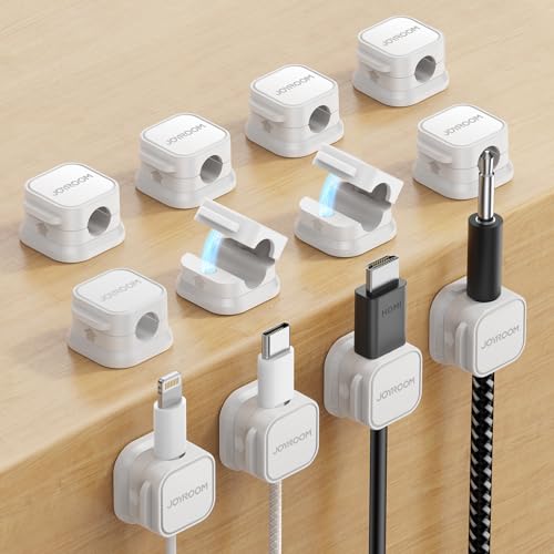 JOYROOM 12 Stück Kabelhalter Kabelclips Verstellbare Kabel Organizer Magnetische Kabelmanagement Selbstklebend Kabelhalter für Schreibtisch, Nachttisch, Ladekabeln, HDMI, USB, Audiokabel, Weiß