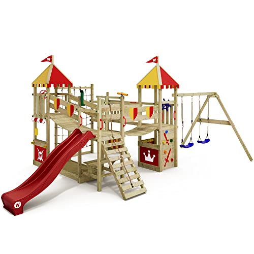 WICKEY Spielturm Ritterburg Smart Queen mit Schaukel, rot-gelber Plane & roter Rutsche, Outdoor Kinder Kletterturm mit Sandkasten, Leiter & Spiel-Zubehör für den Garten