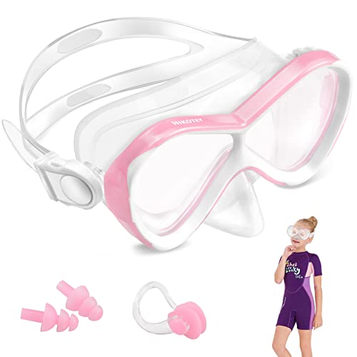 HIKOTEY Taucherbrille Kinder (4-12 Jahre), Kid Taucherbrille Tauchmaske mit Ohrstöpsel & Nasenklammern Mitgeliefert, Verstellbares Silikonband, Anti-Leck Schnorchelmaske für Kinder, Jungen, Mädchen