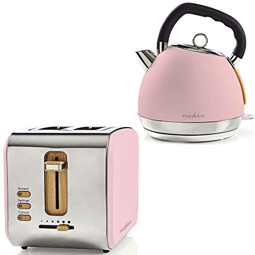 TronicXL Retro Design Frühstücksset Toaster + Wasserkocher Holz Design + Edelstahl rosa