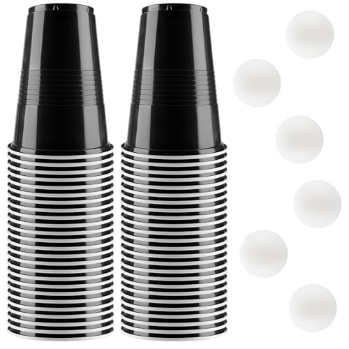 Bierpong Becher Set, Beer Pong Becher Enthält 6 Tischtennisbälle und 50 Becher, 500ML Beerpongbecher, Wiederverwendbare Partybecher für Weihnachten Party Geburtstag Festivals Hochzeit Camping(Schwarz）
