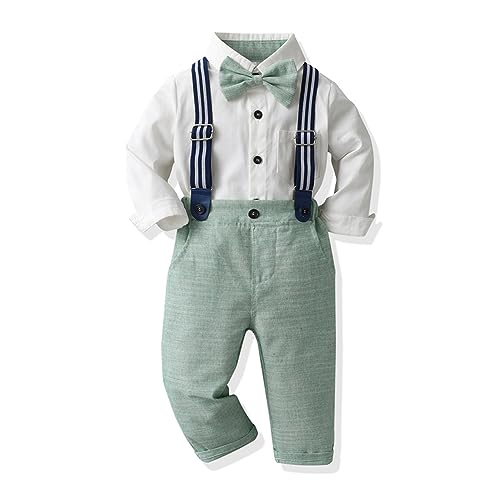 Odizli Baby Anzug Junge Hochzeit Festlich Kinder Langarm Hemd+Fliege+Hosenträger+Hose 4tlg Kleidung Set Bekleidungssets Taufanzug Taufkleidung Einschulung Outfit Kinderanzüge Grün 3-4 Jahre