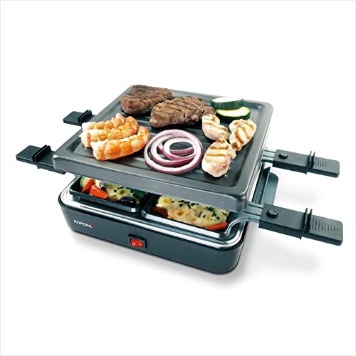Korona 45081 Raclette für 4 Personen | Quadratisches Raclette mit 4 Pfännchen & Holzspateln | Antihaftbeschichtete Grillplatte | 600 Watt