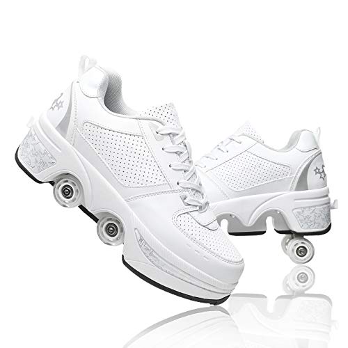 Roller Skate Shoes Rollschuhe verstellbar Damen Schuhe mit Rollen für mädchen Retractable Roller Shoes Roller Skates Bequem und atmungsaktiv Quad Skates für Mädchen (White Silver, 38)