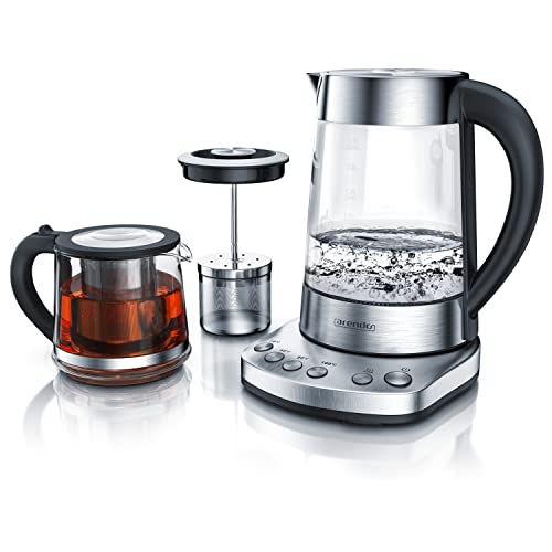 Arendo - Glas Wasserkocher mit Temperatureinstellung und Teesieb sowie Aufsatz - Türkischer Teekocher - Edelstahl - Temperaturen 70, 80, 100 Grad - 1,7 Liter - 2400 Watt - Abschaltautomatik