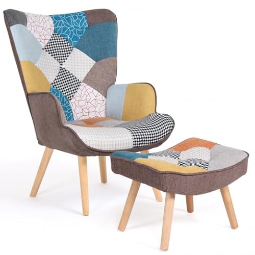 IDMarket - Ivar skandinavischer Armsessel mit Fußstütze aus mehrfarbigem Patchwork-Stoff