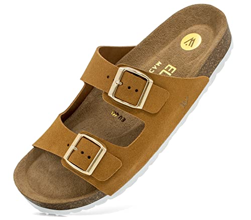 ELEWERT® Damen-Sandalen aus Echt-Leder | Gepolsterte Pantoletten | Innensohle aus Wildleder | Anatomisches Korkfußbett | Handgefertigt in Spanien | Biocomfy Ocai | Camel, EU37