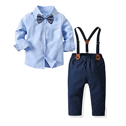 Volunboy Baby Jungen Anzug Set Bekleidung Hemd mit Fliege + Hosenträger Hosen Strampler Anzug(Blau,4-5 Jahre,Größe 120)