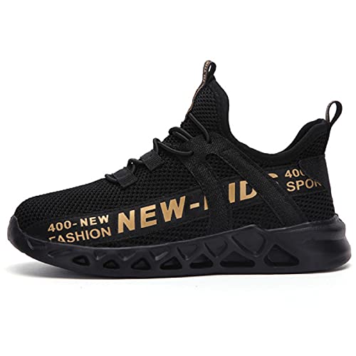 GUOCHENXY Jungen Turnschuhe Größe Kinder Schwarz Laufschuhe Atmungsaktiv Schule Kinder Outdoor Sport Sneakers 37 EU, Schwarz , 38/38.5 EU