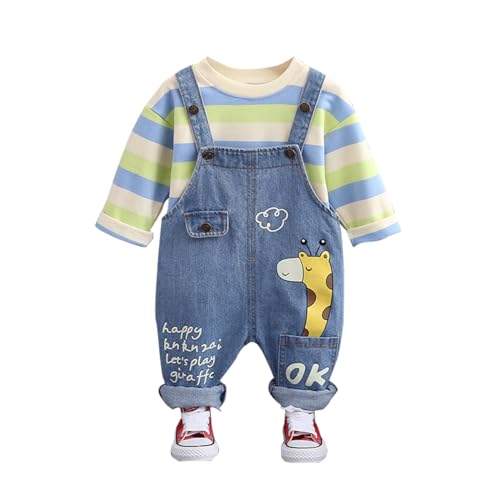 ACMEDE 2tlg Baby Mädchen Kleidung Set Gestreifte Lange Ärmel Baumwolle T-Shirt Baby Giraffen Jeans Latzhose kurze Sommer Jeans Overalls Strampler Bodysuit Jumpsuit shorts Gr. 7074/80/86/92/98