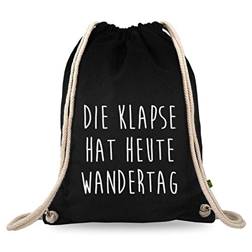 Turnbeutelliebe® Turnbeutel mit Spruch - lustige Motive & Sprüche - Bedruckt - Baumwolle schwarz - Sportbeutel - Rucksack - ca. 12 Liter - 37 x 46 cm (Die Klapse hat Heute Wandertag)