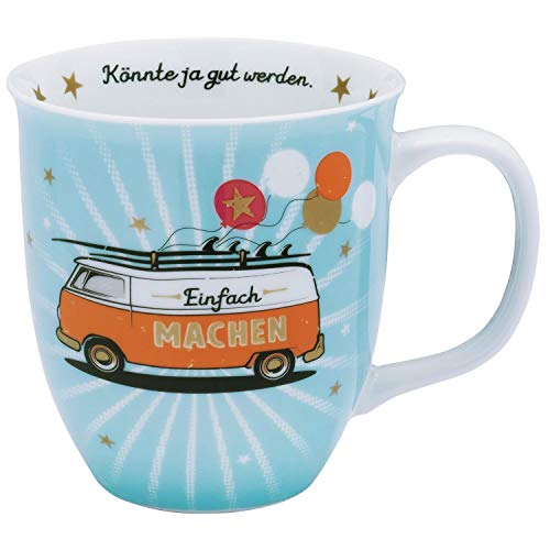 H:)PPY life 46419 Tasse mit Motiv Bus, Geschenk Camping, Porzellan, 40 cl, Blau, Orange