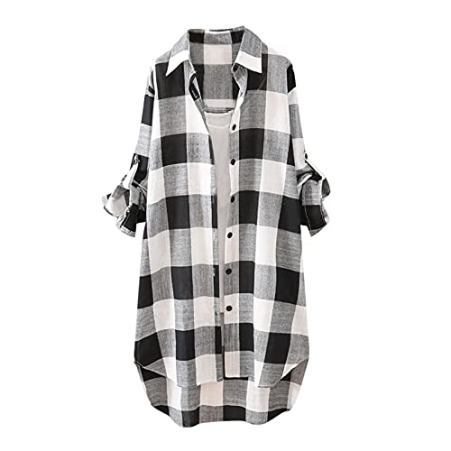 Lange Bluse Damen Leinenhemd Lang Kariert Shirt Frühling Revers Langarmshirt Knopfleiste Hemd Leinenbluse Lose Longbluse Blusenshirt Oberteile Tops
