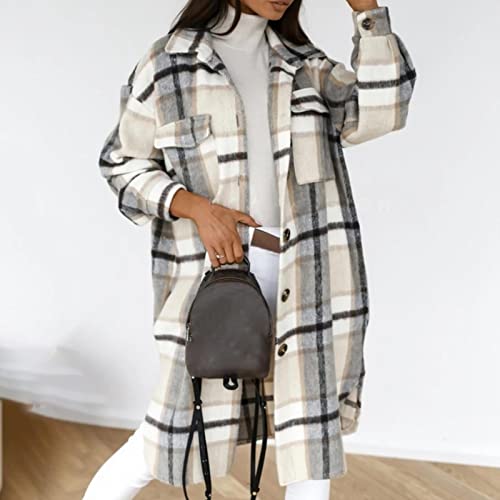 ZXCL Winter Frauen Überprüft Jacke Lässig Übergroße Umdrehende Kragen Langmantel Weibliche Dicke Wollmischungen Mantel Streetwear-Style-1 Gray,M