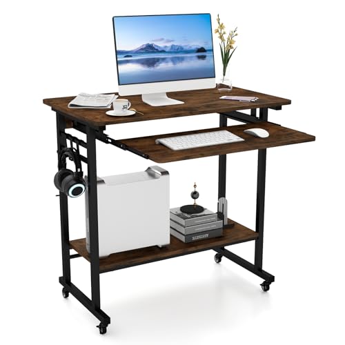COSTWAY Schreibtisch mit Rollen, Tastaturablage, platzsparender Computertisch PC-Tisch mit Ablagefläche unten und Haken, industrieller Laptoptisch für das Heimbüro, vintagebraun