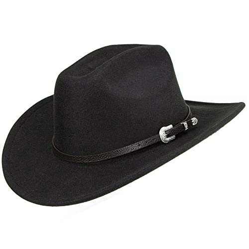 INOGIH Westernhut für Damen und Herren, Cowboy- und Cowgirl-Hut, Fedora Mit Pull-On-Verschluss, Breite Krempe, Schwarzes Design2, MEDIUM