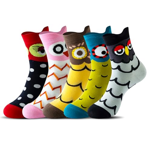 Jokureao 5 Paar Damen Bunte Socken, Tiere Lustige Bunte Socken, Baumwolle Karikatur Tier Socken, Niedlich Eule Socken, Lustige Socken für Frauen Mädchen Weihnachten